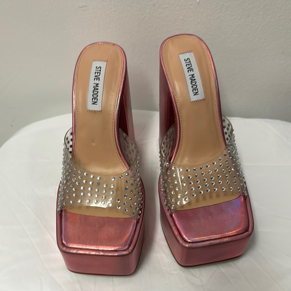 Steve Madden Ruby Iridescent Slip On Block Heel Squared Open Toe Heeled Sandals - Picture 12 of 16